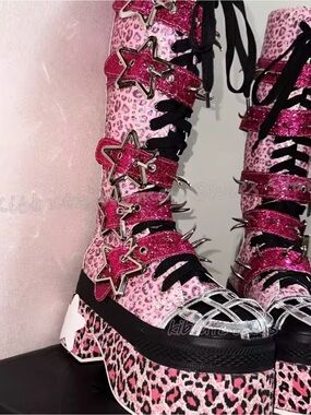 Women's Pink Leopard Platform Combat Boots with Star Buckles